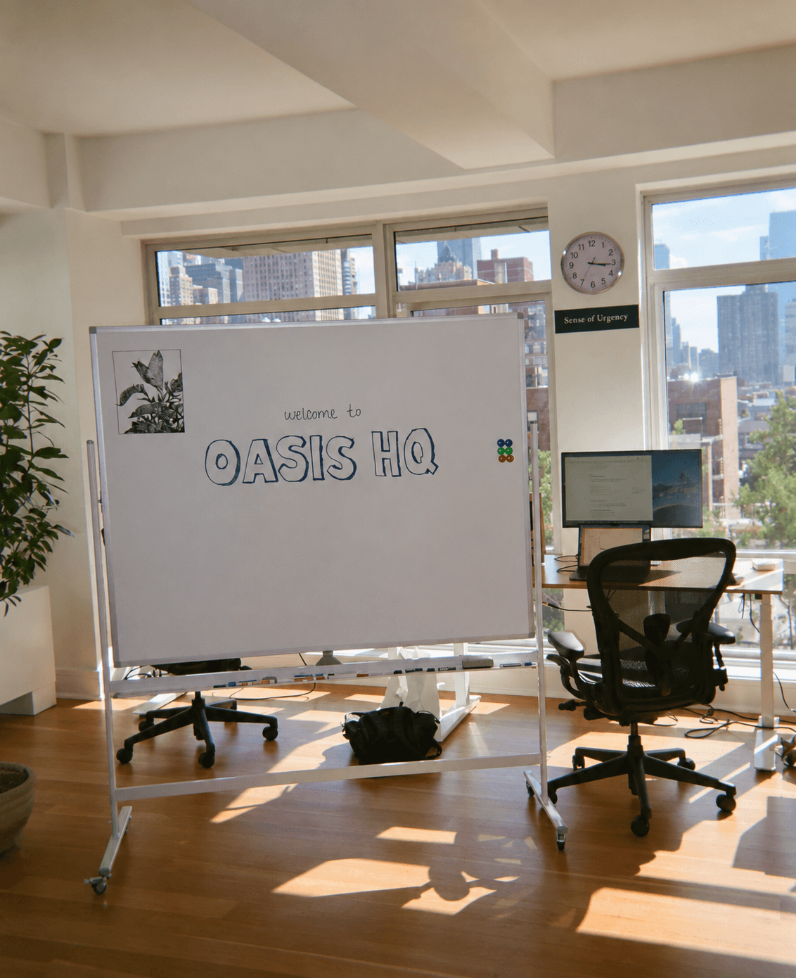Sunlit Oasis office with a welcome whiteboard