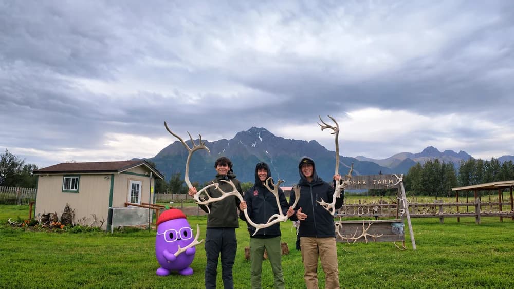 Three teammates and a purple agent holding antlers in front of Alaskan mountains