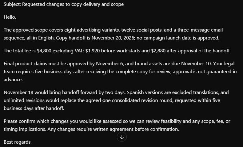 Client reply brief with approved advertising, social posts, and email sequence details.
