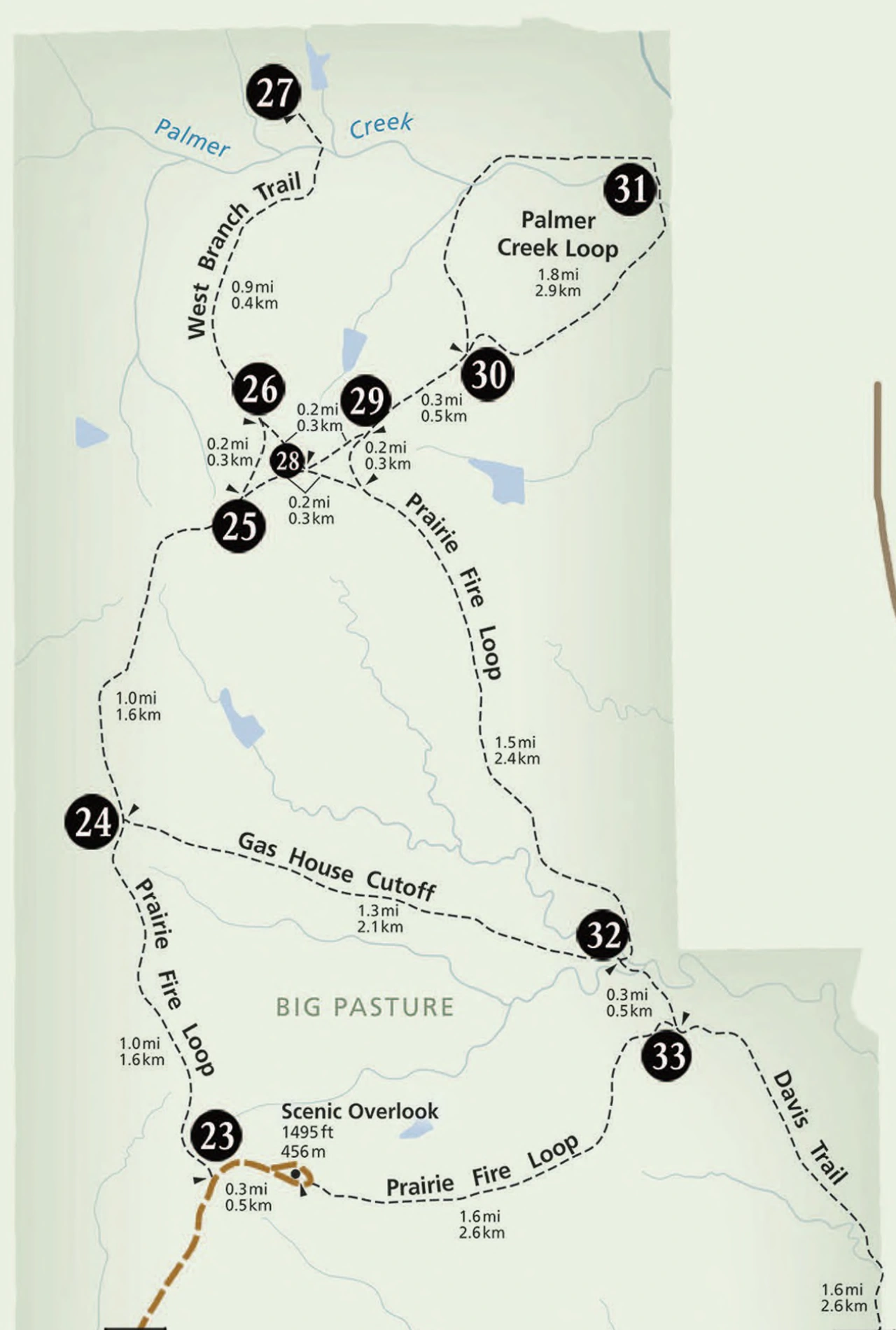 Map of trails in Big Pasture, showing loop distances and mileages.