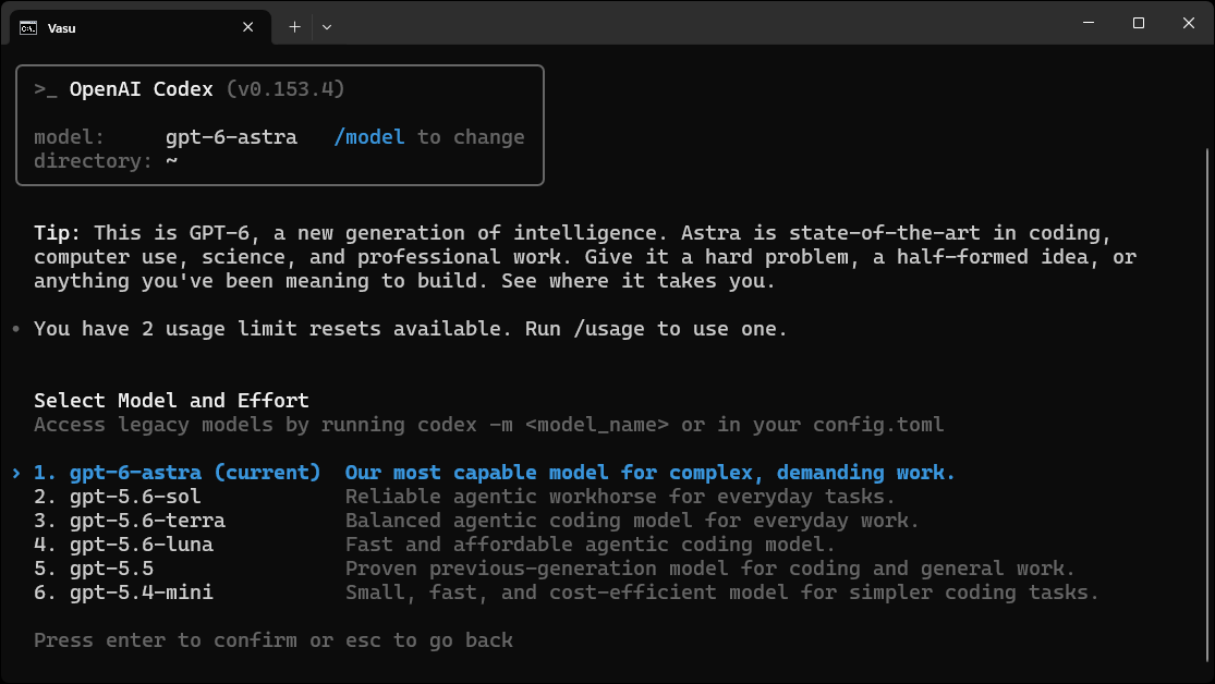 Selecting GPT-6 Astra in Codex