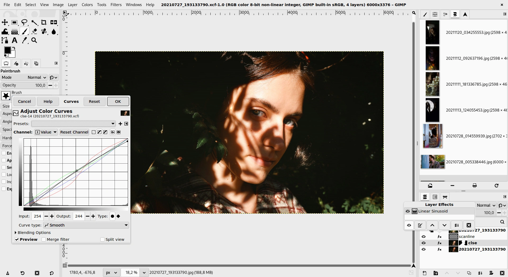 A person's face is digitally manipulated within GIMP. The image shows a detailed view of the face, with a color correction curve overlaid on the image editing interface. The interface includes tools for adjusting image parameters.