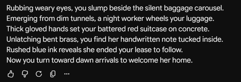 A person sits beside a baggage carousel. A night worker wheels luggage. A battered red suitcase is on concrete. A handwritten note is visible inside the suitcase.