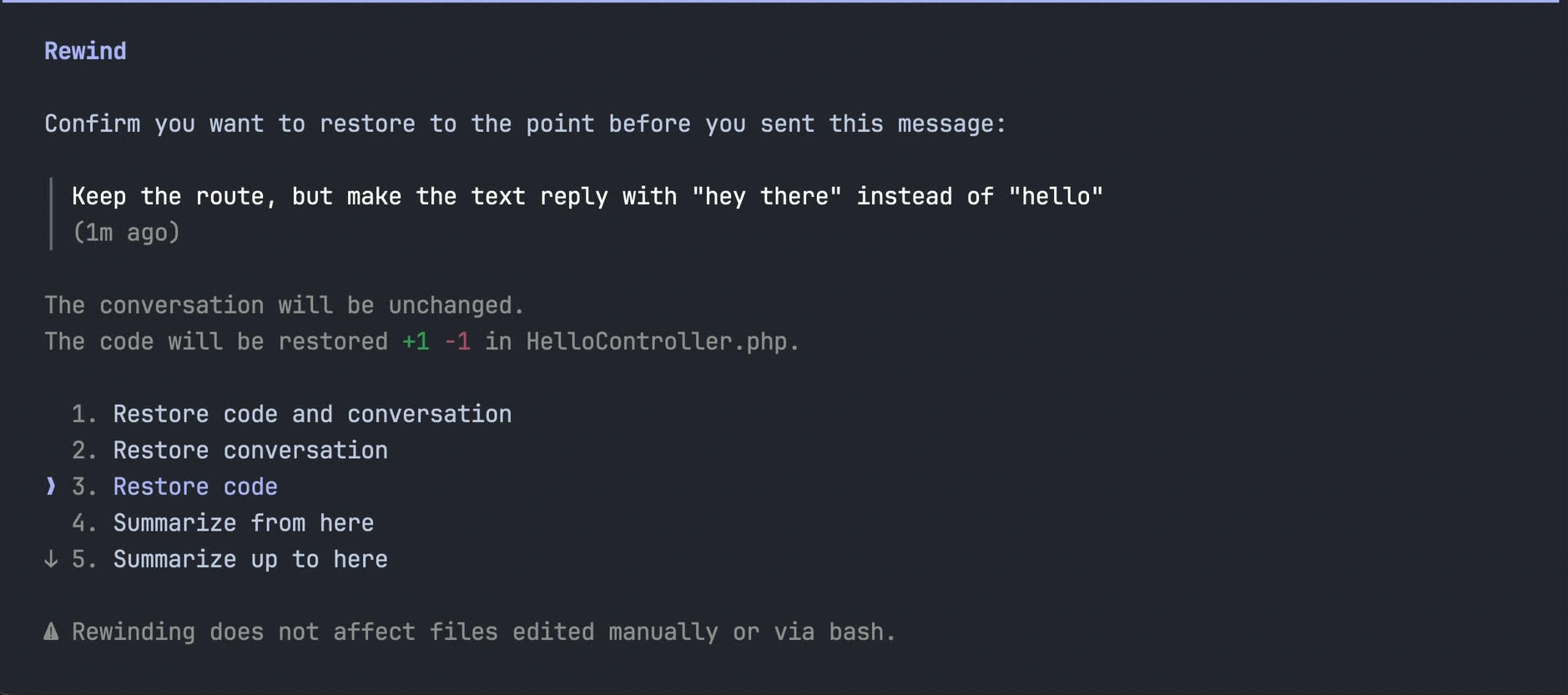 A code snippet shows a command line interface with text indicating a 'Rewind' action. The interface asks to confirm restoring to a previous checkpoint, mentioning changes to a message and the code being restored.