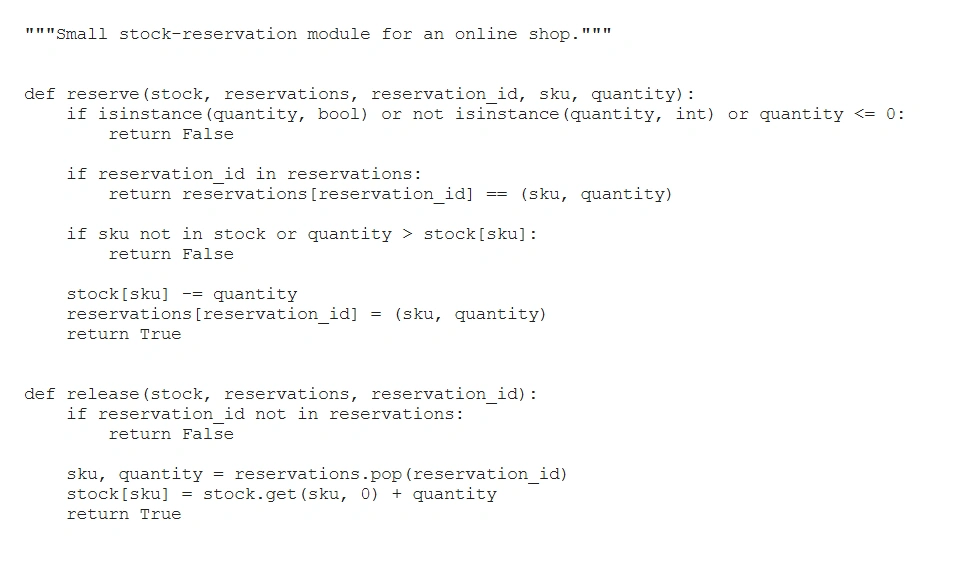 Code snippet showing Python functions 'reserve' and 'release' for managing stock reservations. The code includes conditional logic for checking stock availability and updating reservations.