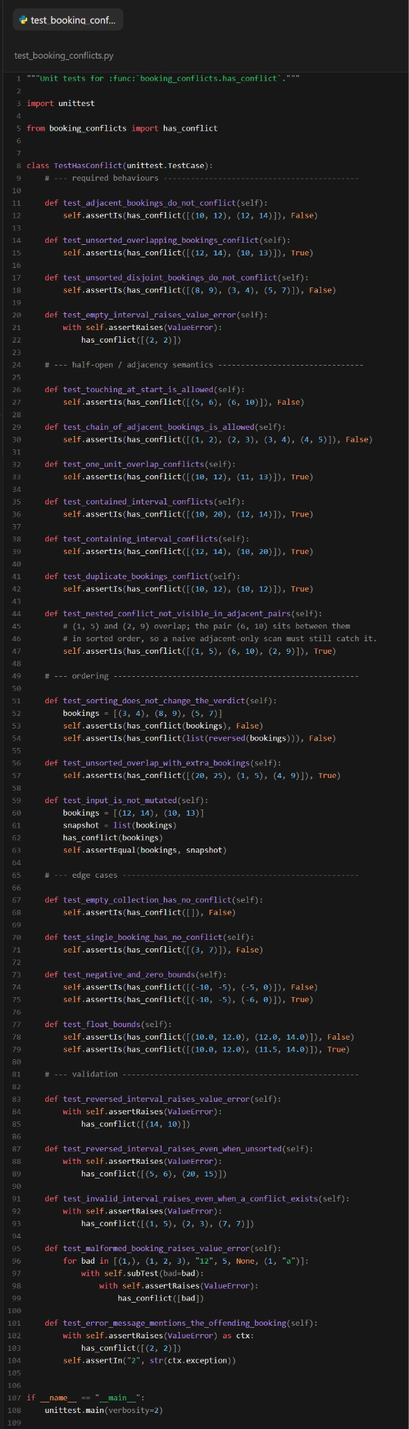 Python code demonstrating a function has_conflict to detect booking conflicts. The code includes unit tests for various scenarios, such as adjacent bookings, unsorted input, and invalid intervals.