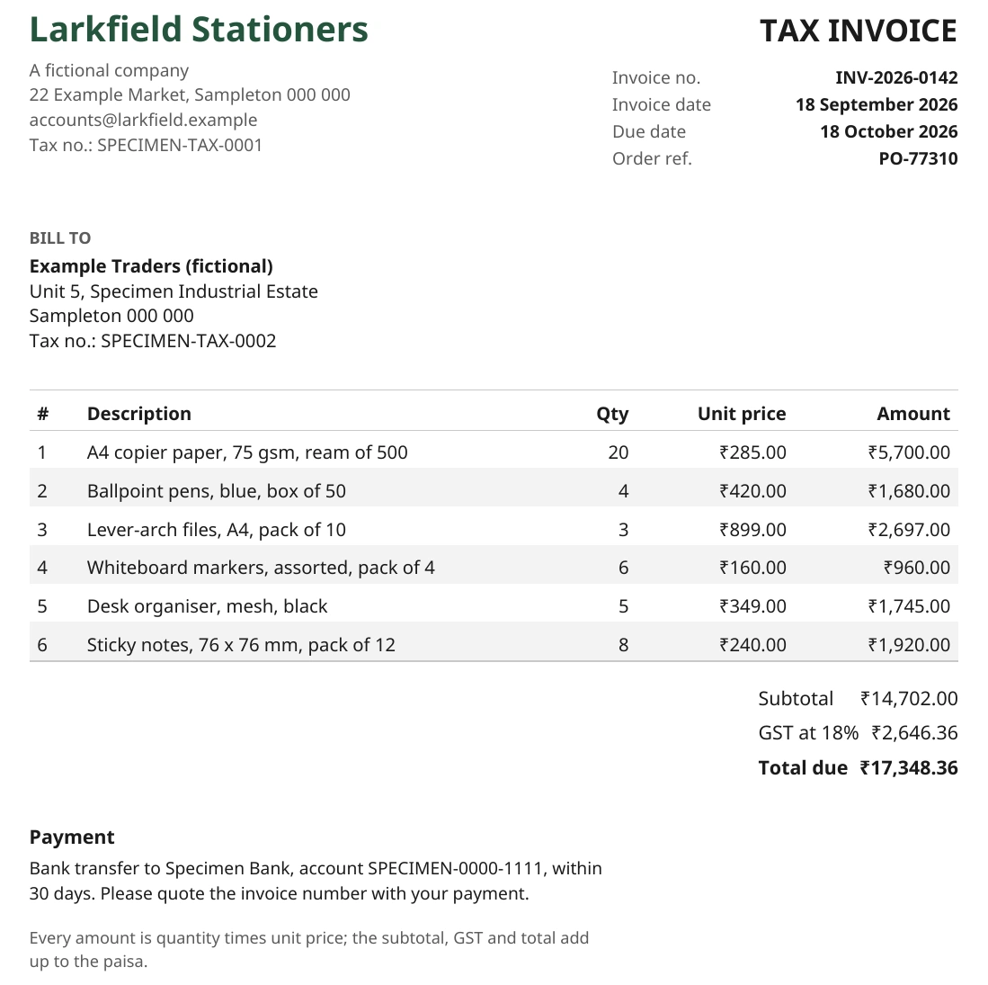 Invoice from Larkfield Stationers with detailed line items, quantities, unit prices, and totals.
