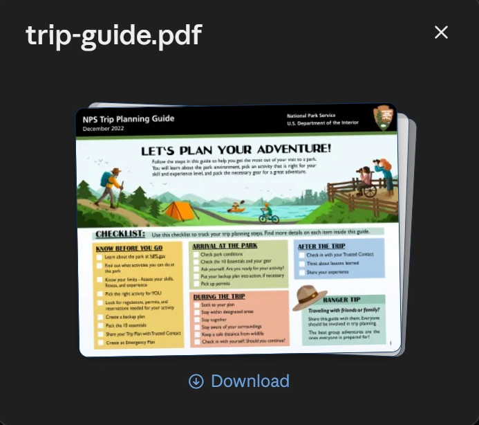 A PDF document titled "NPS Trip Planning Guide" is open, displaying a checklist of items to consider before, during, and after a trip. It includes sections like 'Know Before You Go,' 'Arrival At the Park,' 'During the Trip,' and 'After the Trip,' as,