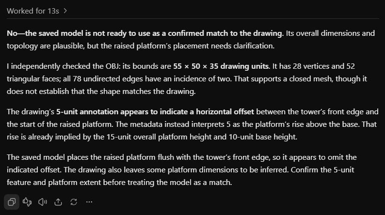 Screen showing GPT-6.1 Terra's assessment of a 3D model compared to a technical drawing.