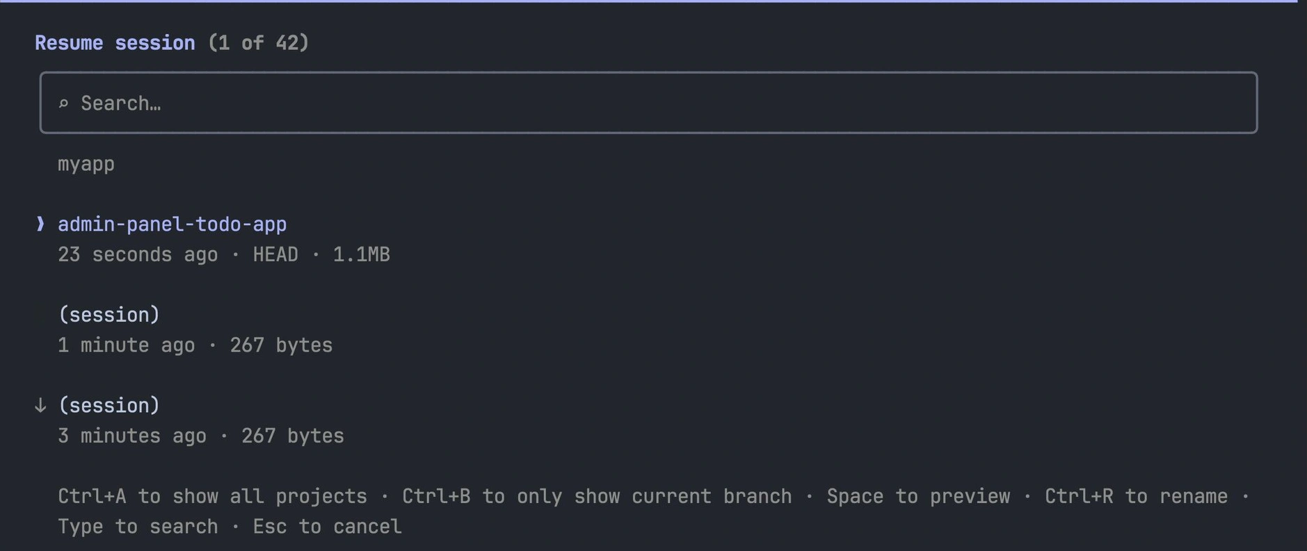 A search bar labeled "Search..." is shown. Below, a list of sessions is displayed, including "mywebapp" and sessions labeled "(session)" with timestamps and file sizes.