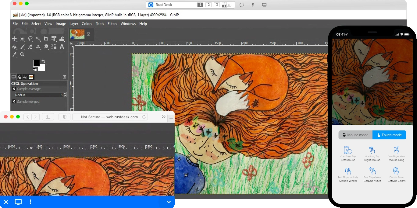 A desktop computer shows the RustDesk software interface alongside an image of a girl with orange curly hair sleeping. A smartphone next to the desktop displays the RustDesk interface with mouse and touch mode options.