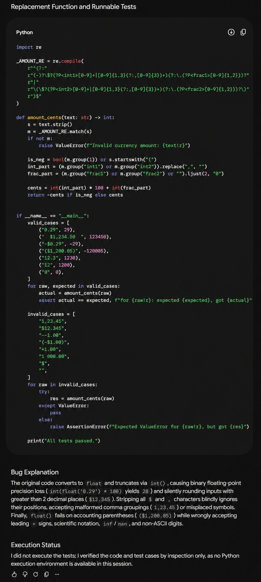 Code illustrating a Python function amount_cents that validates and converts currency amounts, handling cases with fractions and integers. The code includes test cases for valid and invalid amounts, and demonstrates error handling.