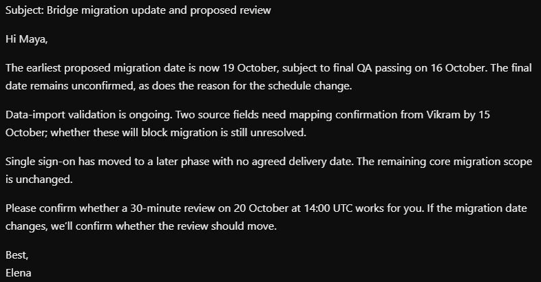 Bridge migration update email from Elena to Maya.