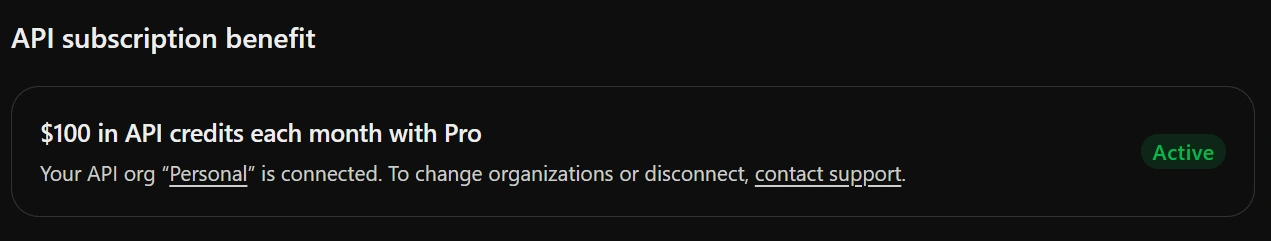 $100 API credits per month with Pro subscription is Active.