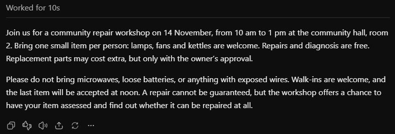 Public notice for a community repair workshop on November 14th.