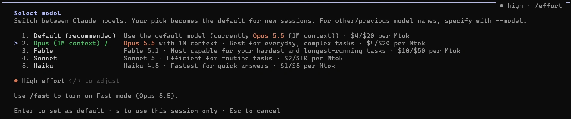 A text-based interface displaying options for selecting a Claude model. The interface shows a numbered list of models including Opus, Fable, Sonnet, and Haiku, along with descriptions of their strengths and pricing.