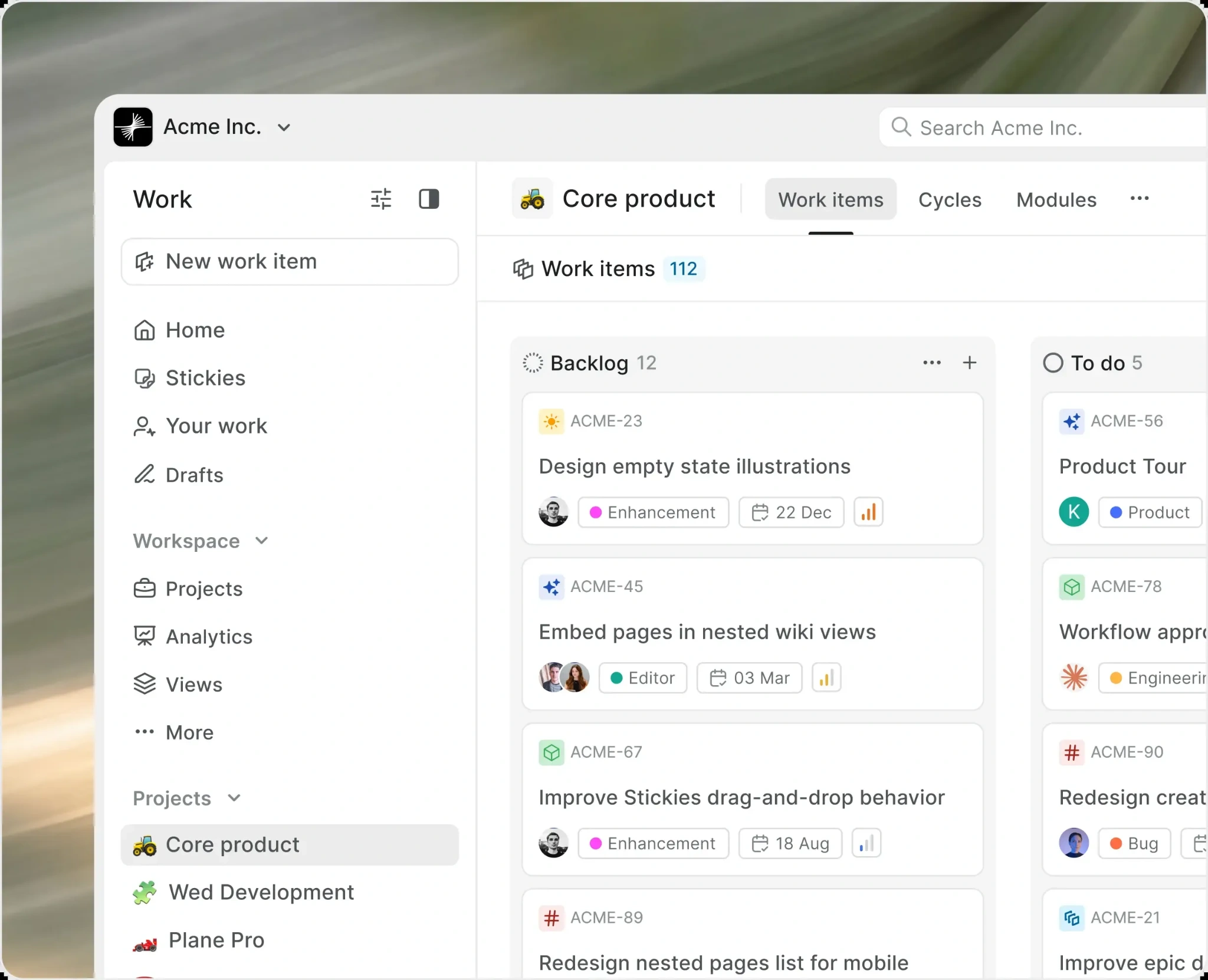 A project management interface displays tasks organized into 'Backlog' and 'To do' sections. The interface shows task details including descriptions and status indicators.