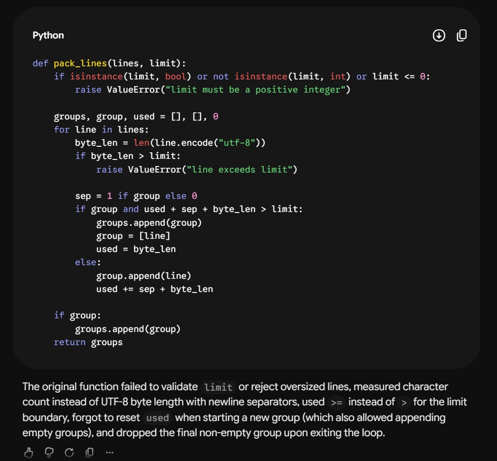 Python code snippet showing a function called 'pack_lines' that validates and groups lines based on byte length and separator limits. The code includes error handling for invalid inputs and byte length exceedances.