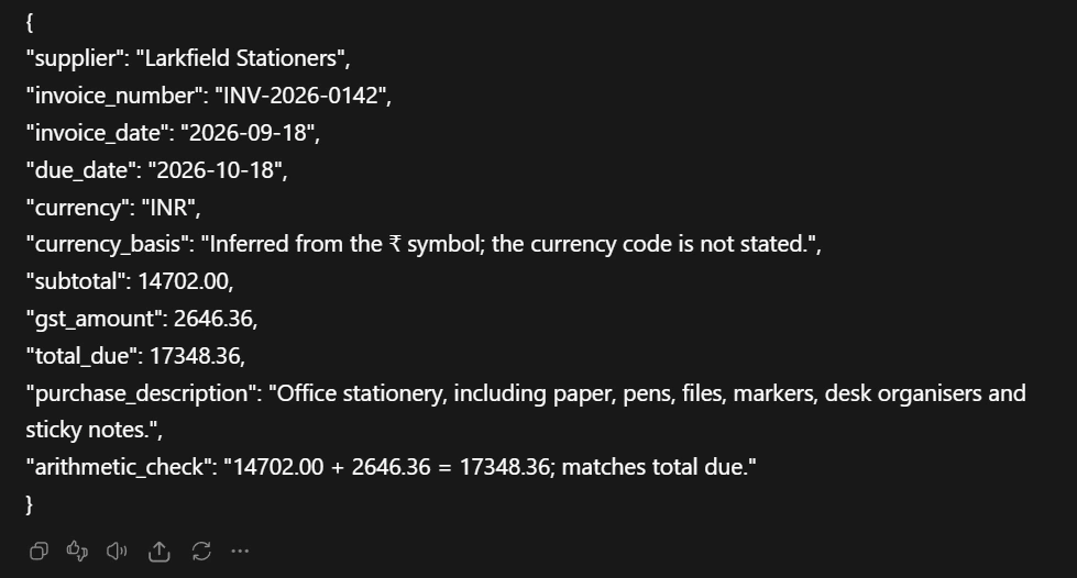 ChatGPT Work displaying JSON response from an invoice test.