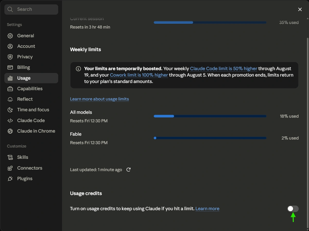 Enabling usage credits on Claude