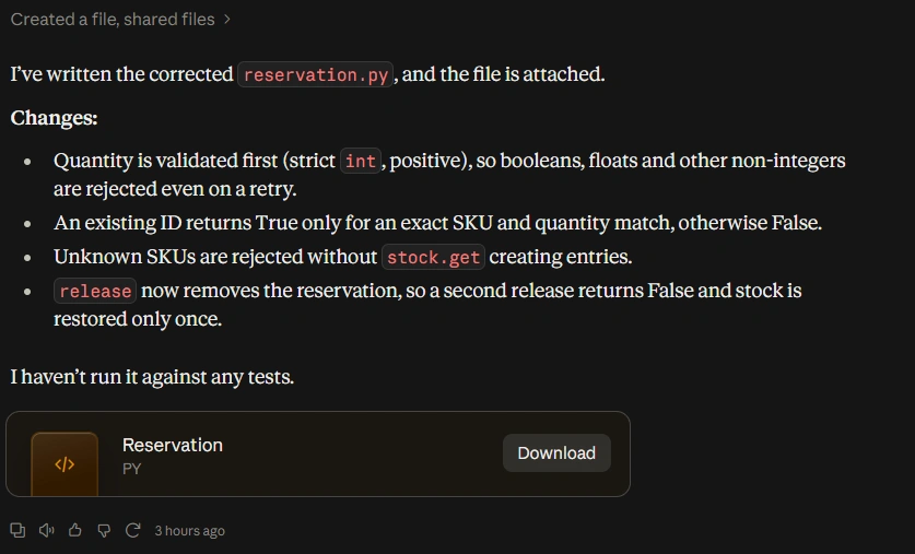 A code block displays Python code labeled "reservation.py" with a download button. The code block shows changes related to quantity validation, ID lookup, and release functionality.