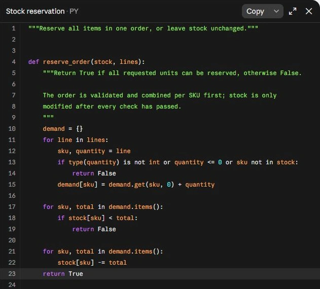 Python code for reserving stock, validating quantity and stock availability.