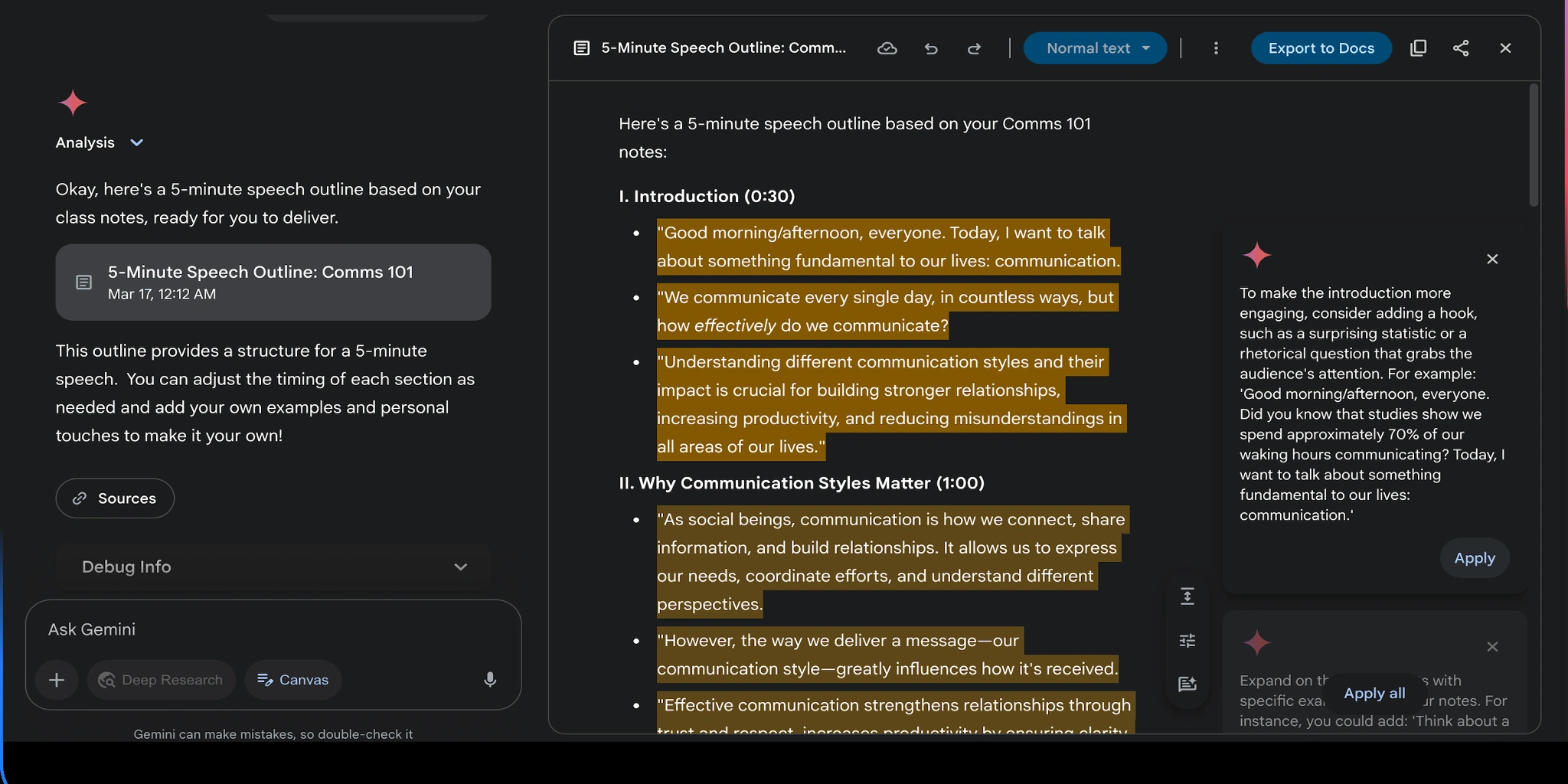 A speech outline for a 5-minute speech is displayed alongside a conversation. The outline includes sections like 'Introduction' and 'Communication Styles Matter'. The outline shows text suggestions and an 'Export to Docs' control.