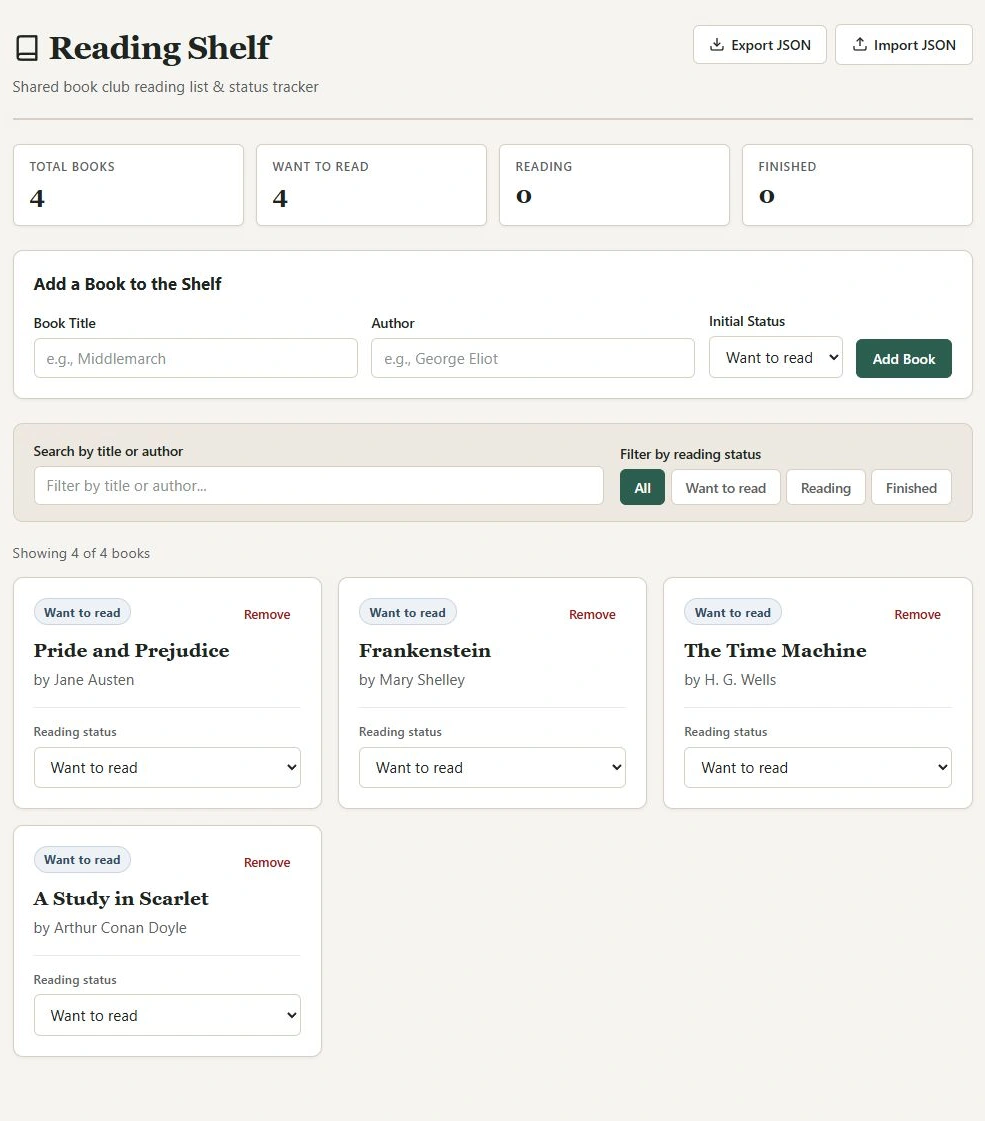 A reading shelf tracker interface displays a list of four books: Pride and Prejudice, Frankenstein, The Time Machine, and A Study in Scarlet. Each book shows its title, author, and reading status (Want to read).