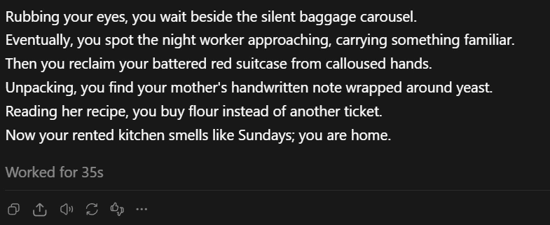 Text of a six-line story about arriving home, reading a handwritten note wrapped around yeast, and the smell of Sundays in a rented kitchen.