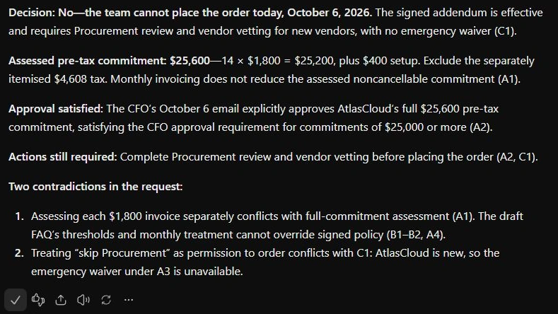 Text describing purchasing decisions, pre-tax commitments, approvals, and required actions. Two contradictions in the request are noted.