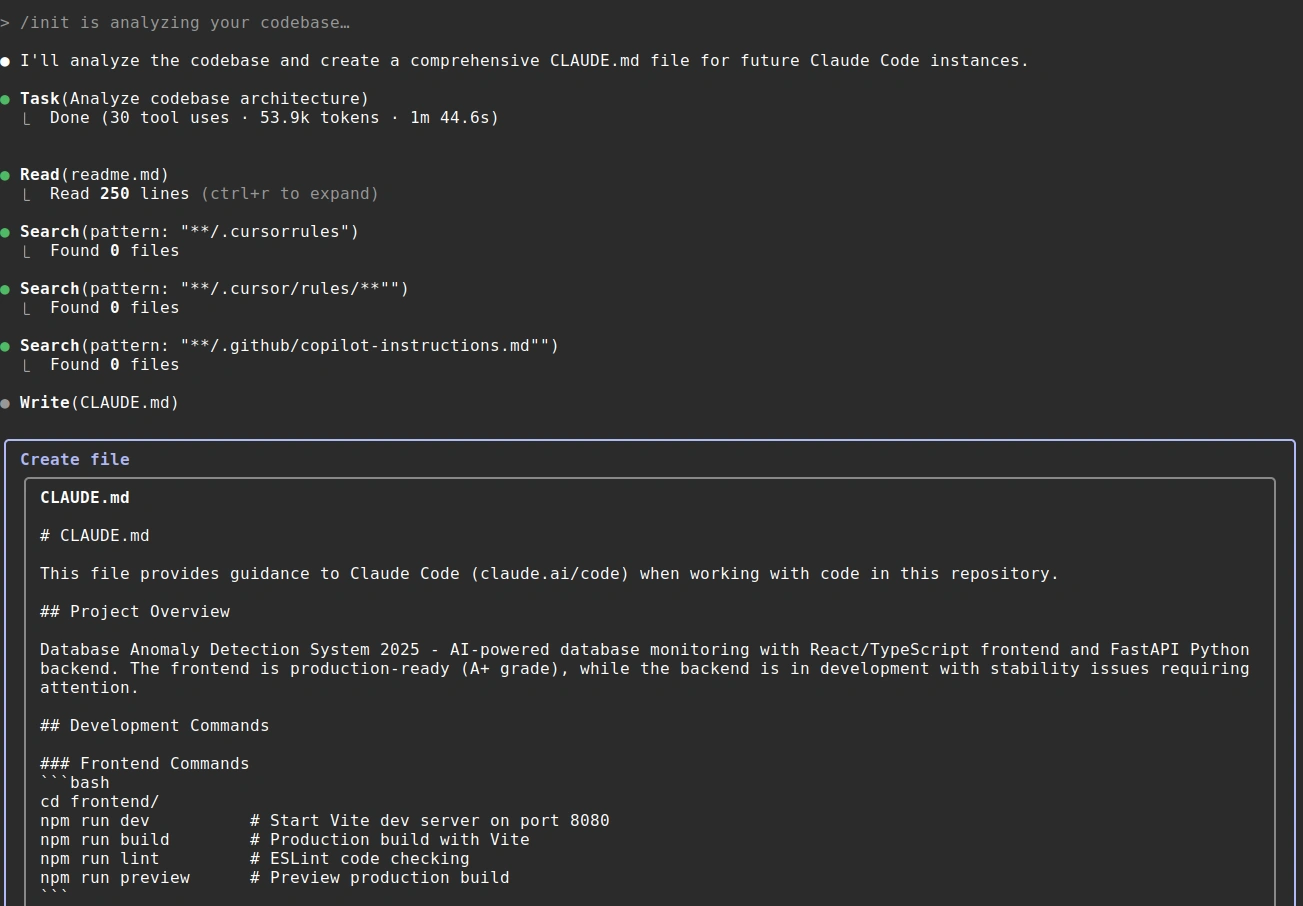 A terminal shows Anaconda prompt output related to Claude code commands. The output indicates analysis of the codebase and creation of a CLAUDE.md file. The file's content provides guidance for using Claude Code.