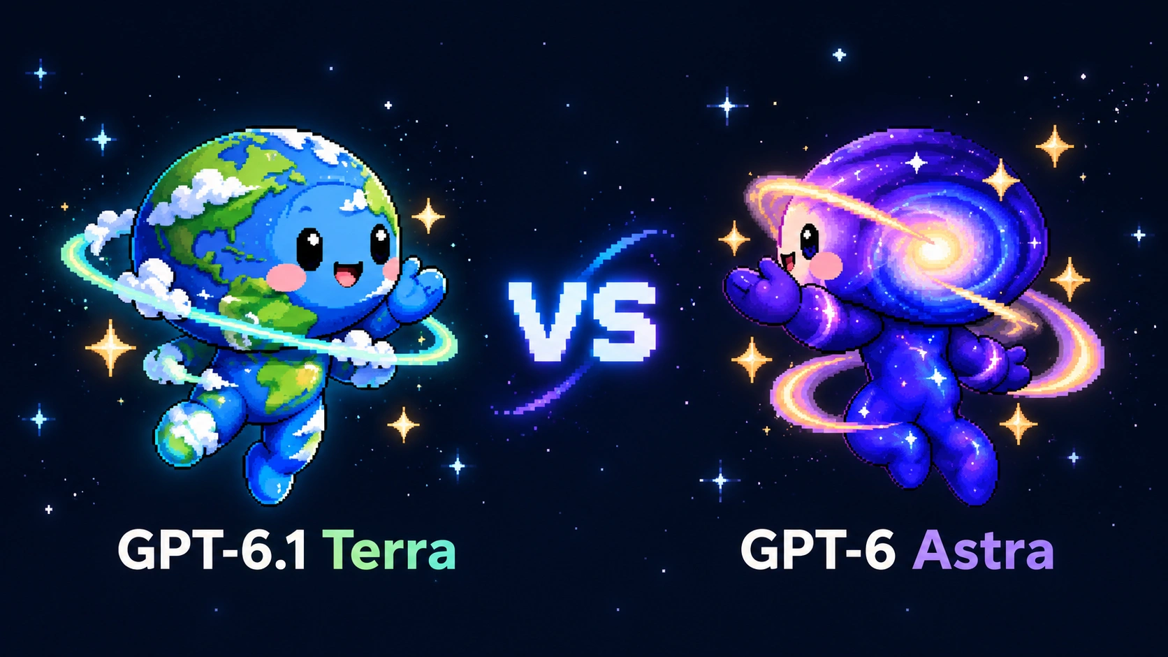 GPT-6.1 Terra, a pixelated Earth character, faces GPT-6 Astra, a pixelated cosmic character, in a 'VS' encounter surrounded