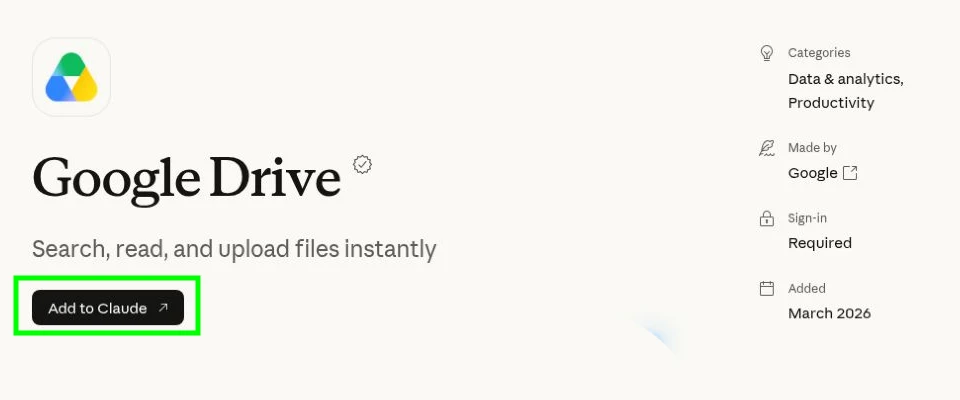 Google Drive adding to Claude
