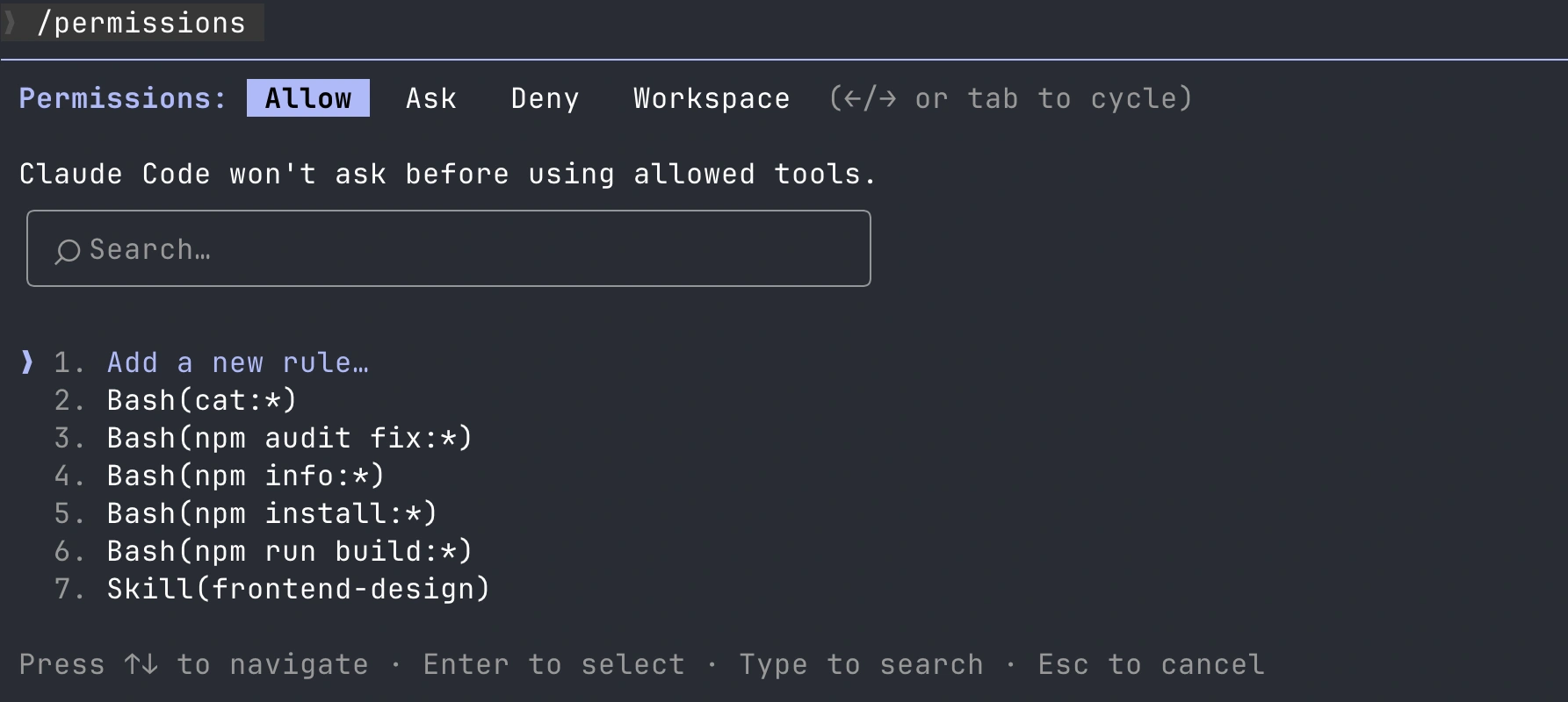 A screen shows Claude Code's permission settings. Tabs labeled 'Allow', 'Ask', and 'Deny' are visible. Below, a list of commands is displayed, including 'Bash(cat:*)' and 'Skill(frontend-design)'. A search bar is at the top.