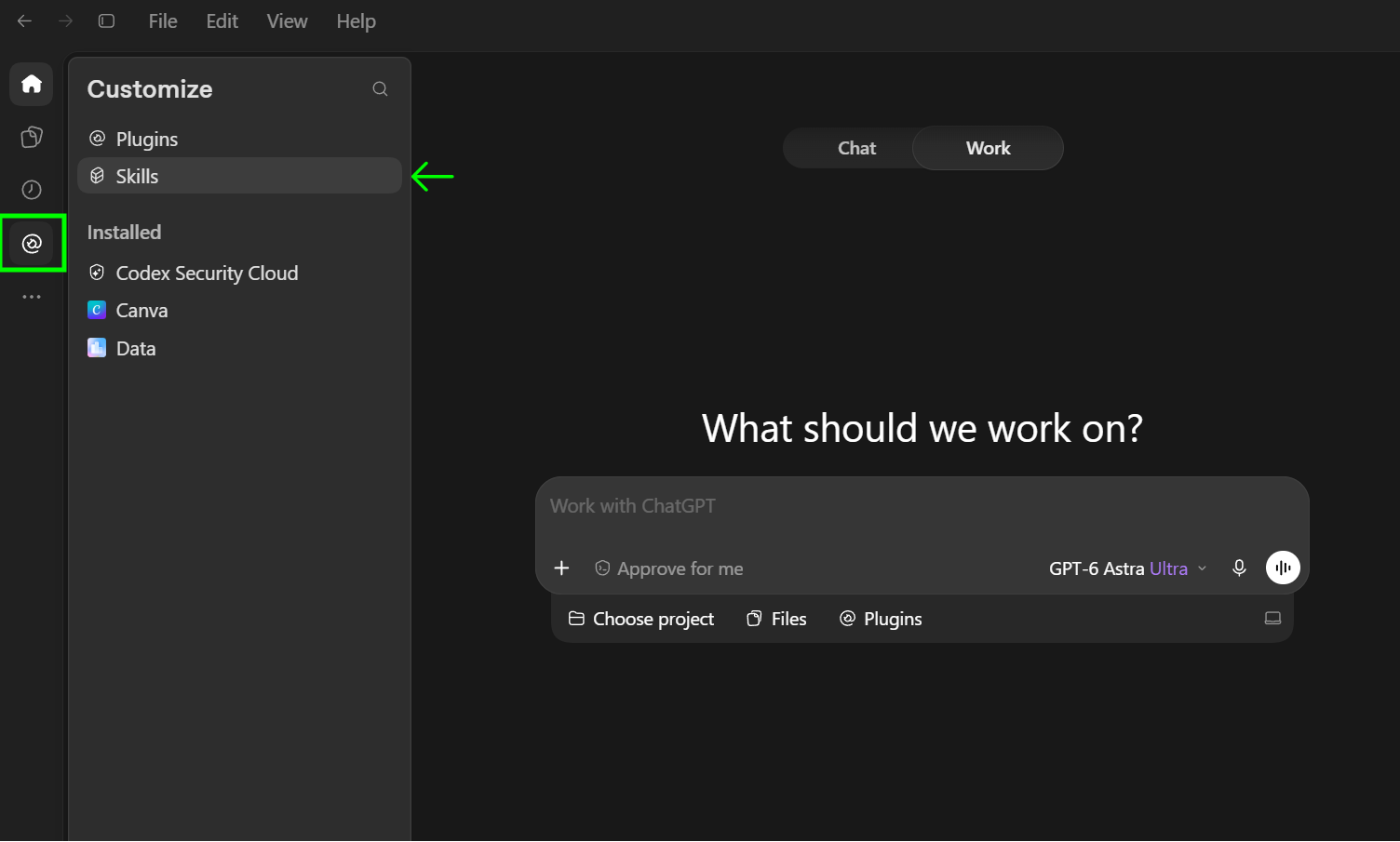 Skills menu in ChatGPT App
