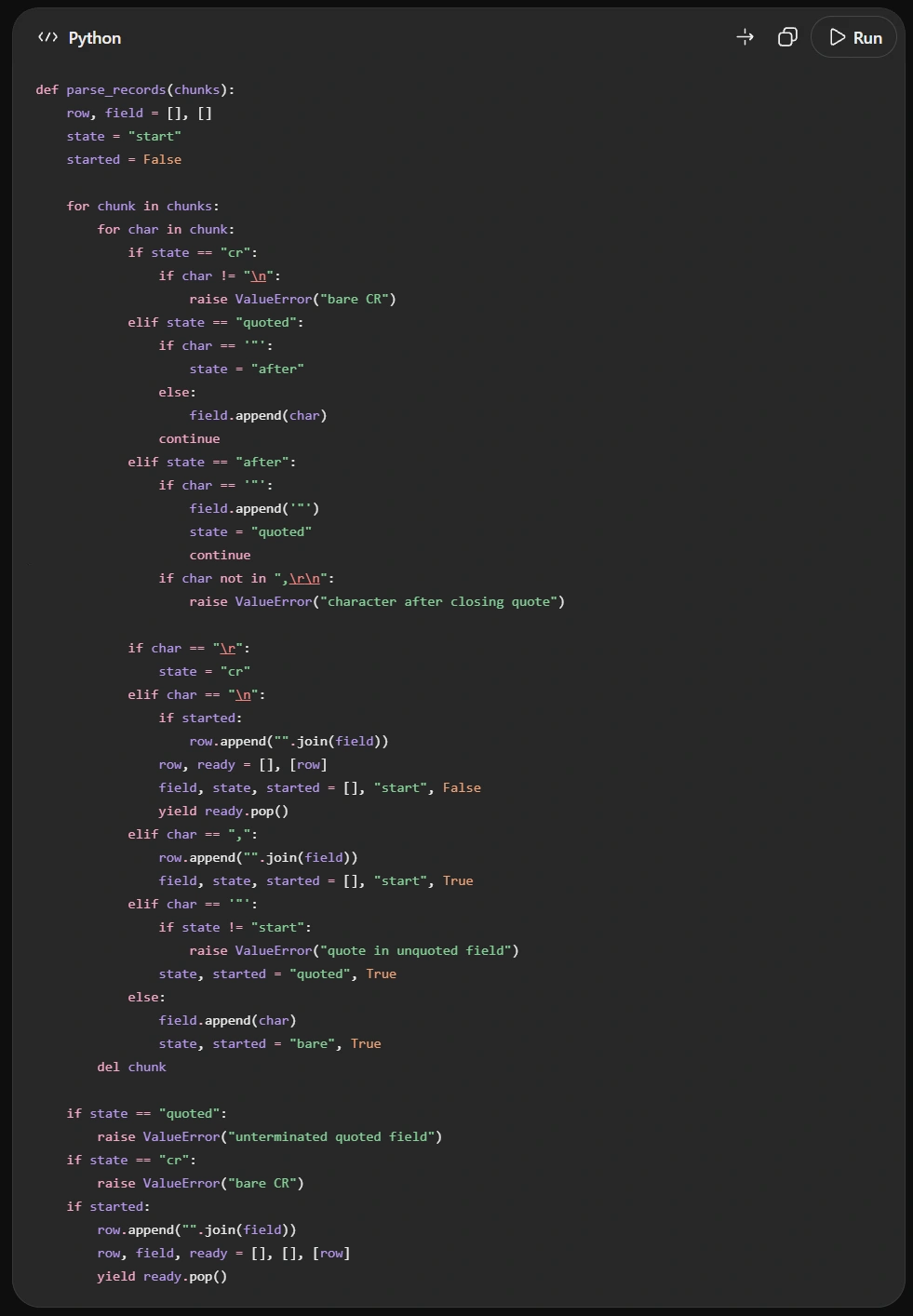 Python code snippet for parsing records with state transitions
