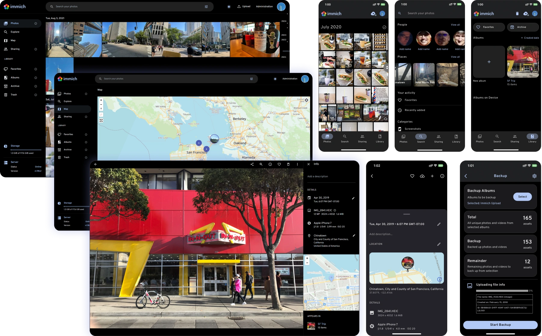 The image displays the Immich app interface on various devices, showcasing photo organization, search, and backup features. Screenshots also show an Immich user interface with photo uploads and backup options, overlaid on a photo of a Dave & Buster's