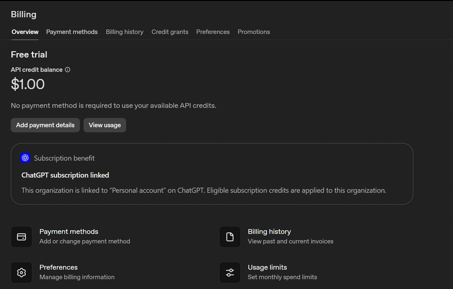 ChatGPT API billing page displaying $1.00 initial API credit balance with ChatGPT subscription linked.