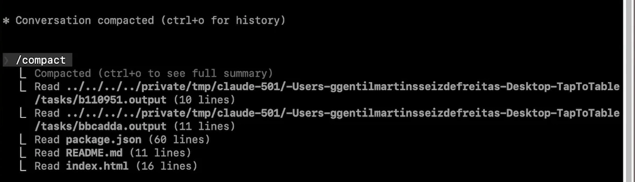Terminal output showing the command "/compact" and a listing of files including read.../tasks/b110951.output, read.../output, read package.json, READ.ME (.json), and read index.html.