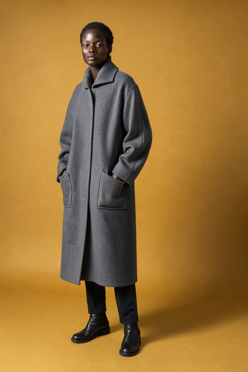 A person wearing a long gray coat and black pants stands against a yellow background. The coat has large pockets. The person's hands are in the pockets.