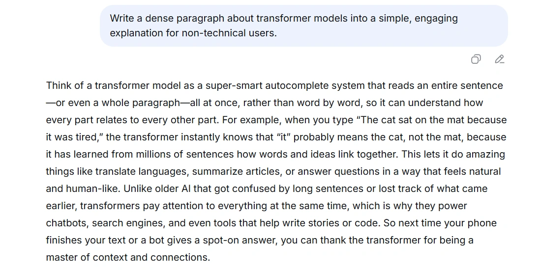 A text box with the prompt "Write a dense paragraph about transformer models..." is shown. The prompt is written in dark gray text on a white background within a blue rectangular box with rounded corners.
