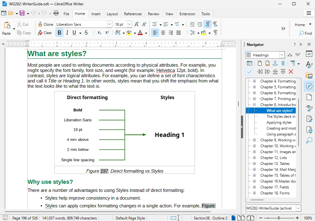 LibreOffice Writer interface showing text discussing direct formatting vs. styles. A diagram illustrates bold text, font size, spacing, and alignment compared to 'Heading 1' style.