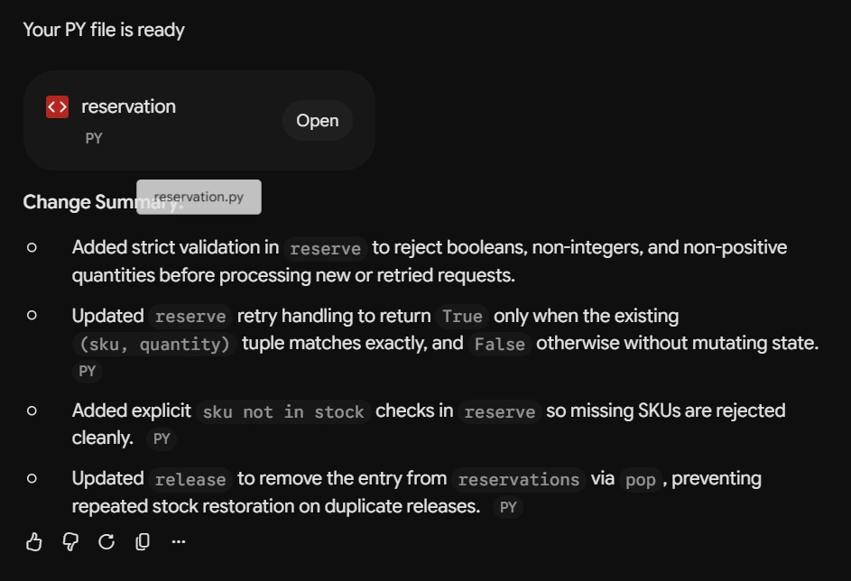 Python code displaying a change summary for the 'reservation' module. The summary lists updates including validation and retry handling changes.