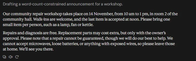 Community repair workshop announcement with date, time, and location details.