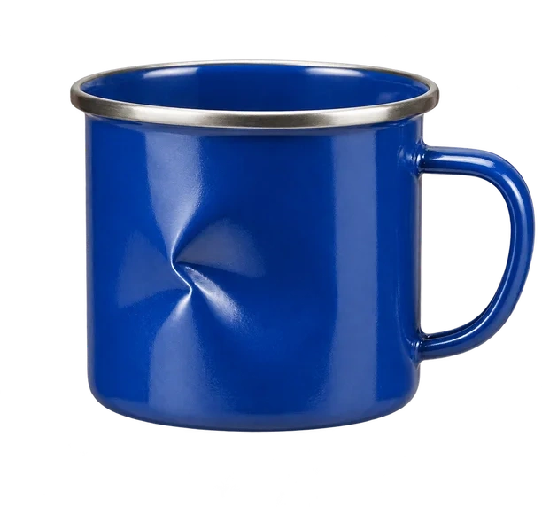 A blue metal mug with a pronounced dent on its body is shown. The mug has a silver rim and a curved handle.