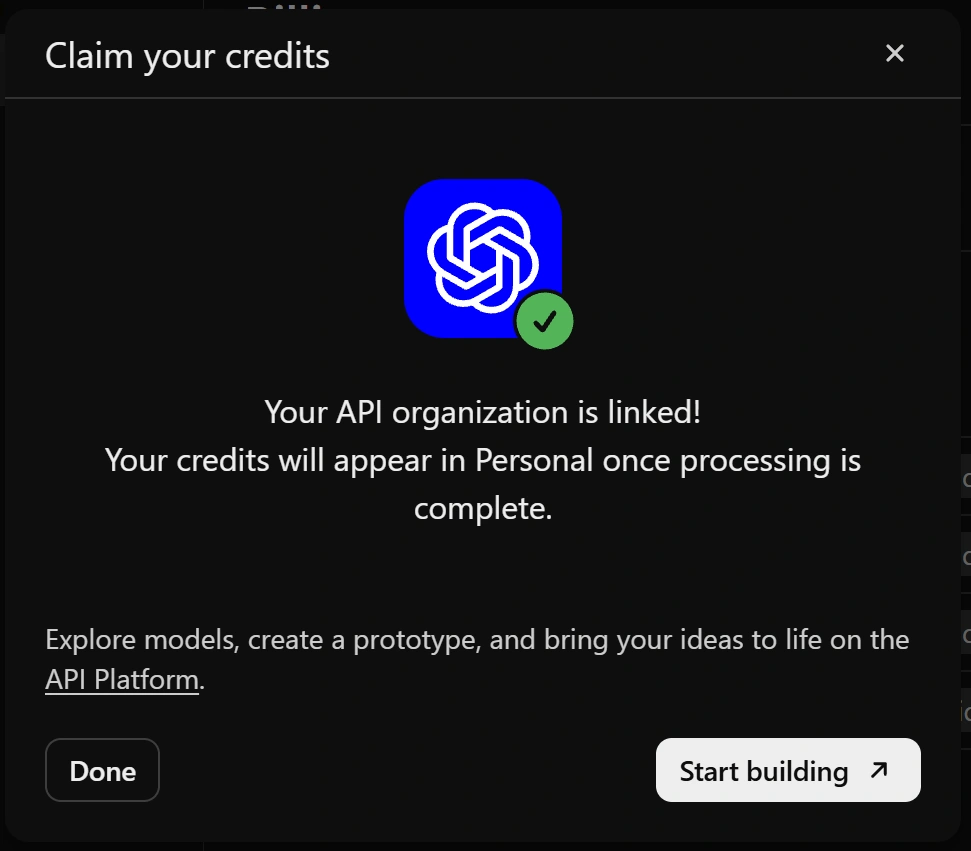Confirmation message: API organization linked, credits processing.