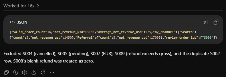 Order data JSON output showing valid order counts and revenue figures.