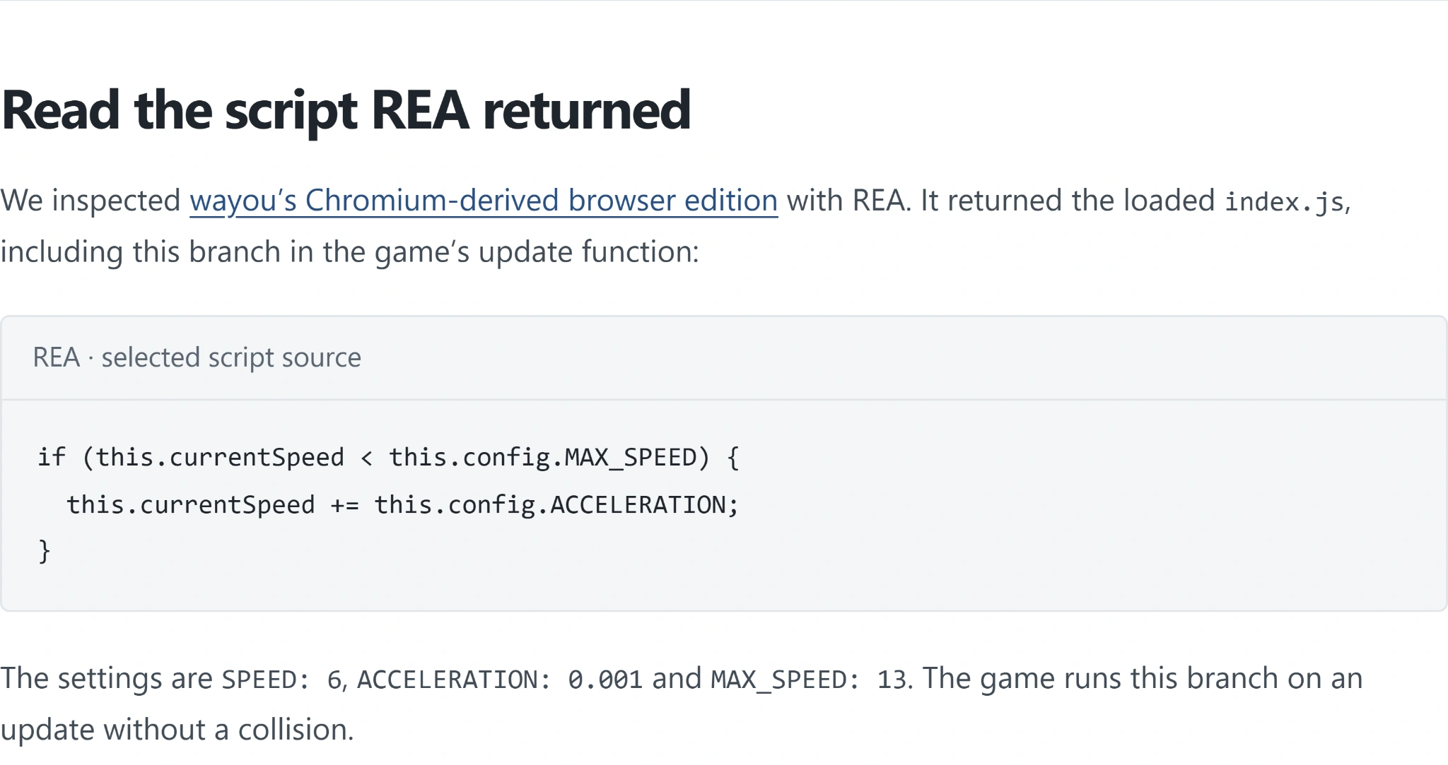 Script code shows acceleration rule for game update function.