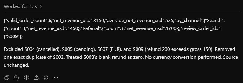 JSON data displaying order counts and revenue figures
