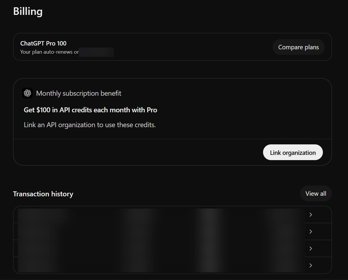 ChatGPT Pro Billing page displaying a monthly API credit benefit of $100.